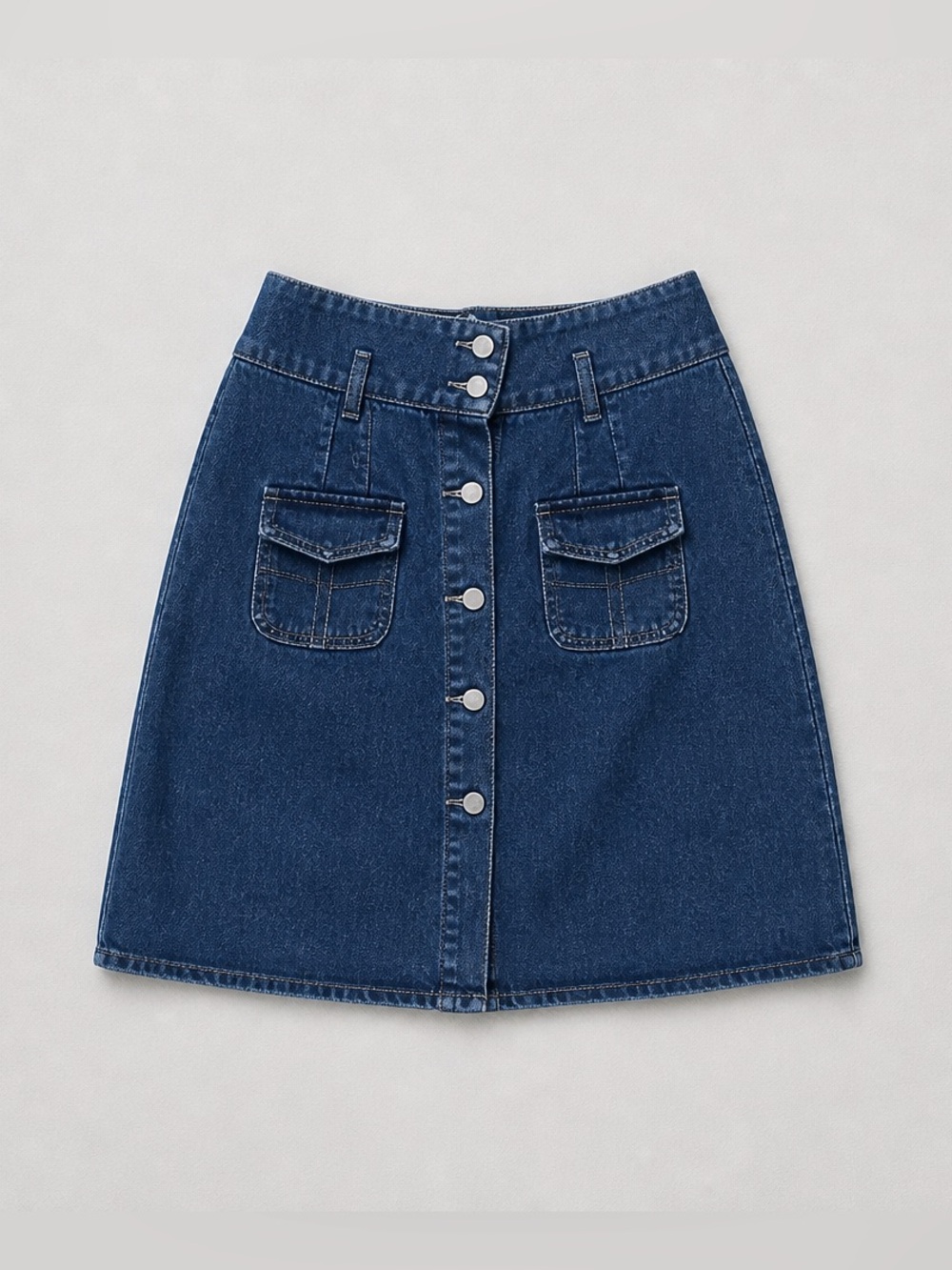 Classic Dark Blue Denim Button-Front Skirt